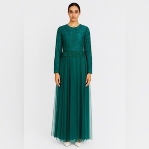 Green lace a-line maxi dress long sleeve pearl gown party formal wedding event